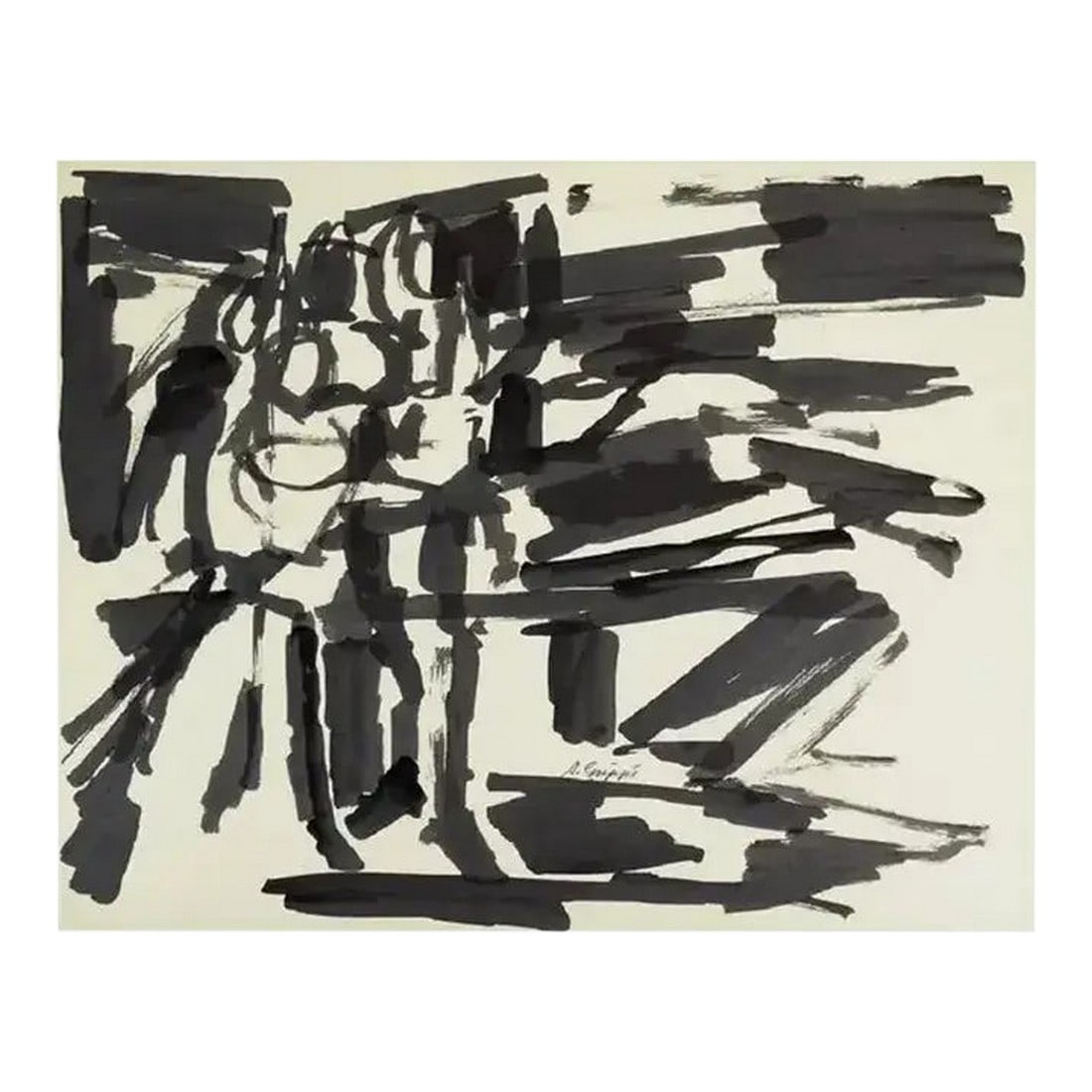 Mid 20th Century Abstract Action Painting, Black & White Pen & Ink on Paper by Salvatore Grippi: Abstract Expressionist Gestural Black & White Pen & Ink Work by Salvatore Grippi ' Gorgeous early pen and ink on paper work by Salvatore Grippi. Signed. Circa 1955-56 New York School measures approxim