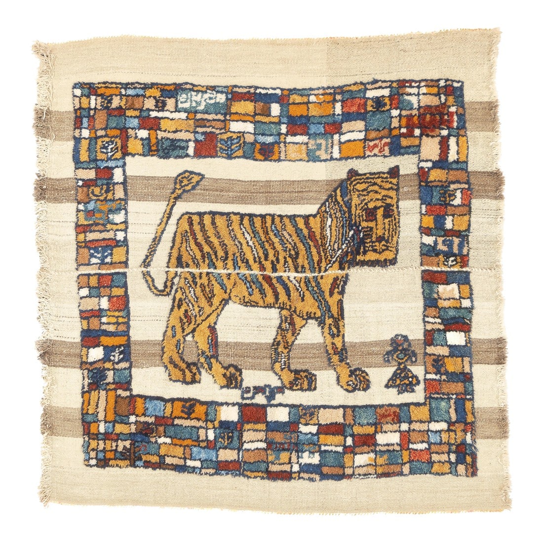 Antique Handwoven Gabbeh Palas Textile Art: This antique Gabbeh Palas rug, woven circa 1920, is a rare piece of Persian tribal art. It features a flat-woven wool base with a knotted pile animal motif, highlighting the craftsmanship of nomadic w