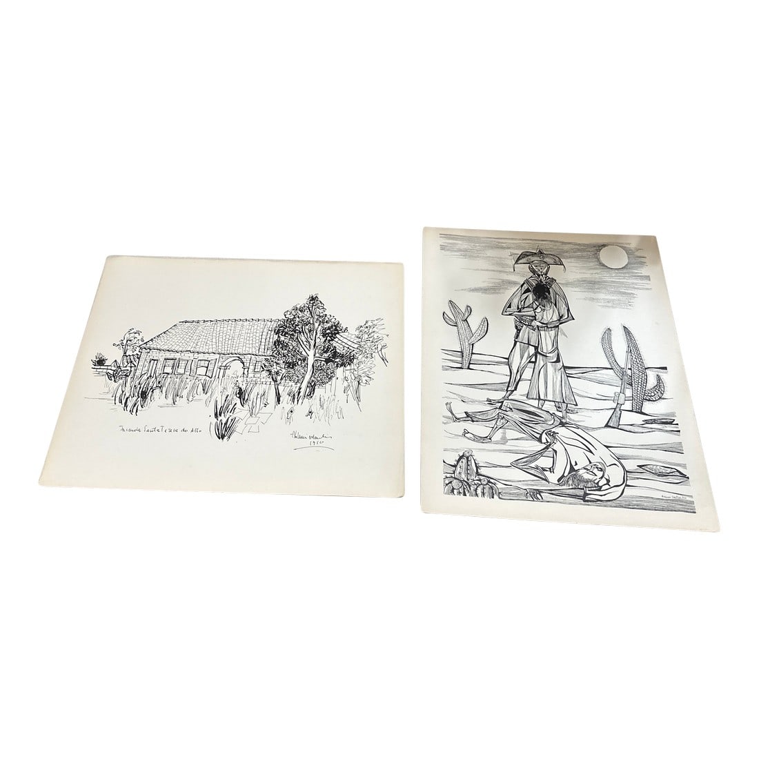 Pair of Brazilian Style Prints of House and Desert, Signed Aldemir Martins: Up for consideration is a beautiful pair of Brazilian style prints of a house and desert. These would look lovely on display in your home and they are a great find for the interior design enthusiast. 