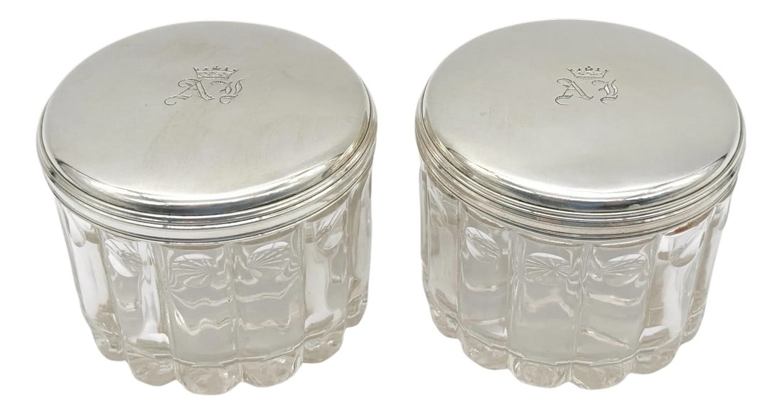 Pair French 'Royal' Silver Armorial Cut Glass Bamboo Motif Dresser Jars: Pair of French Silver & Cut Glass Armorial Dresser Jars"”AF Monogram, Bamboo Motif, 19th Century This elegant pair of French silver and cut glass dresser jars showcases exquisite craftsmanship