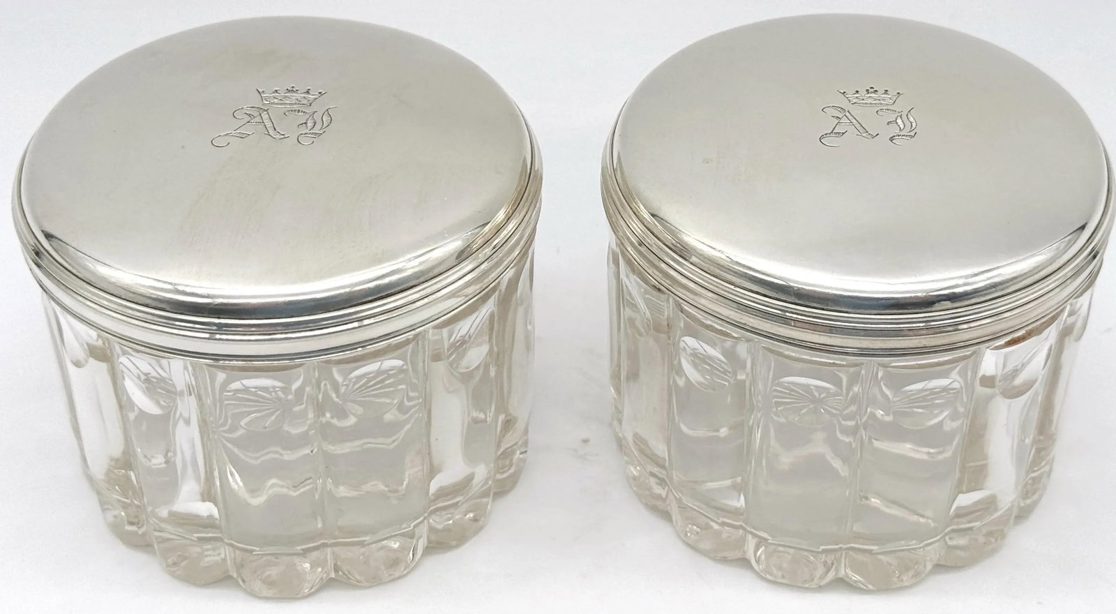 Pair French 'Royal' Silver Armorial Cut Glass Bamboo Motif Dresser Jars - 2