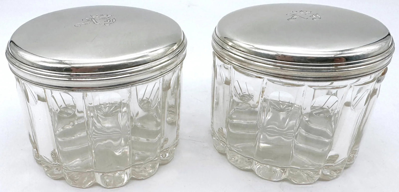 Pair French 'Royal' Silver Armorial Cut Glass Bamboo Motif Dresser Jars - 3