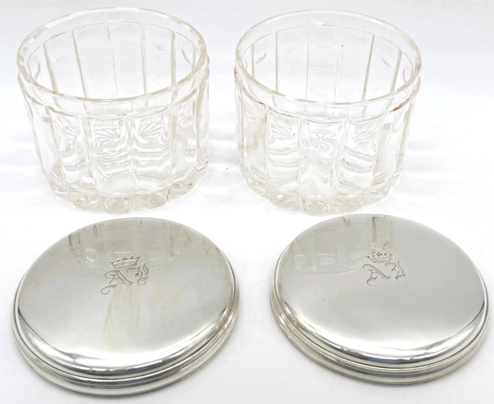 Pair French 'Royal' Silver Armorial Cut Glass Bamboo Motif Dresser Jars - 4