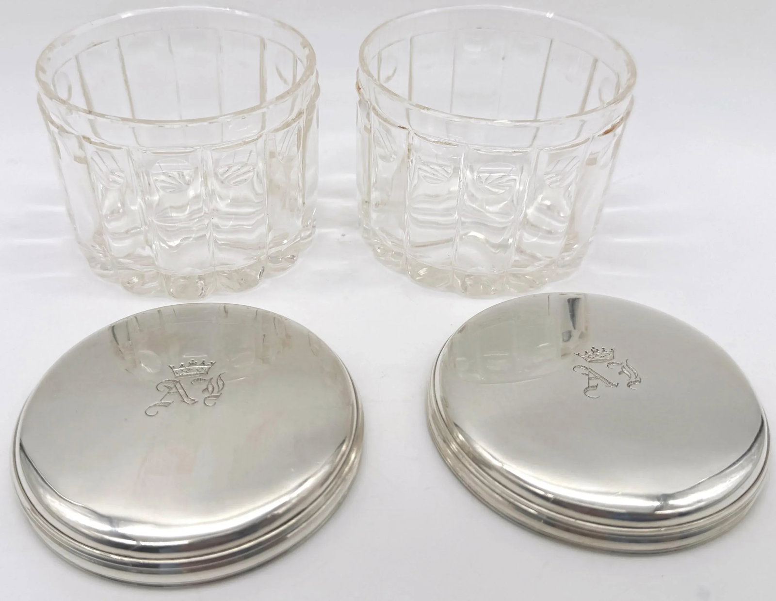 Pair French 'Royal' Silver Armorial Cut Glass Bamboo Motif Dresser Jars - 5