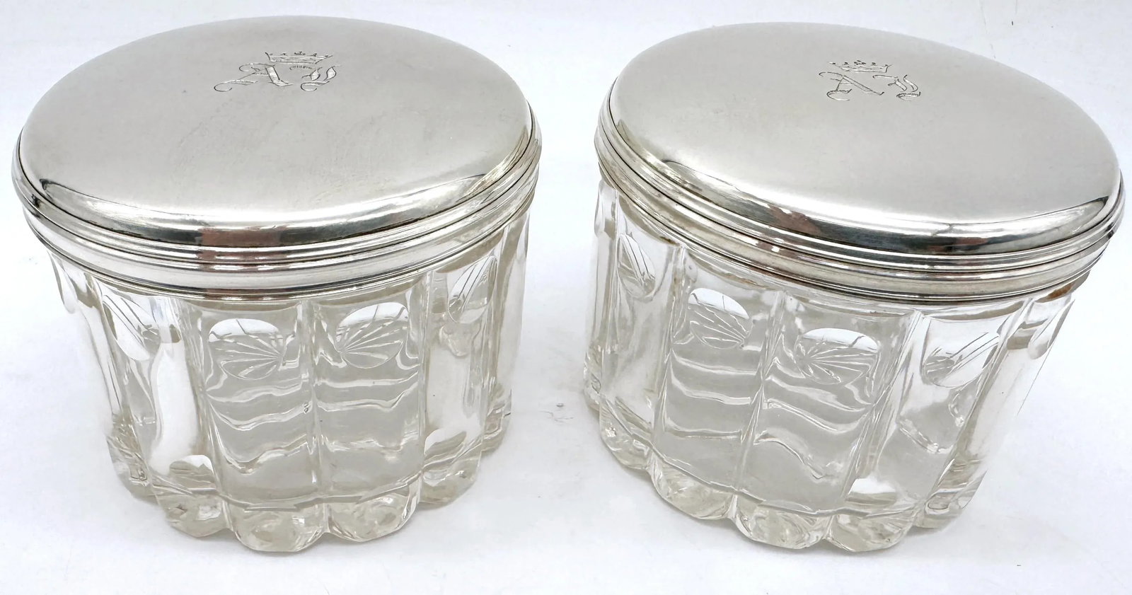 Pair French 'Royal' Silver Armorial Cut Glass Bamboo Motif Dresser Jars - 6