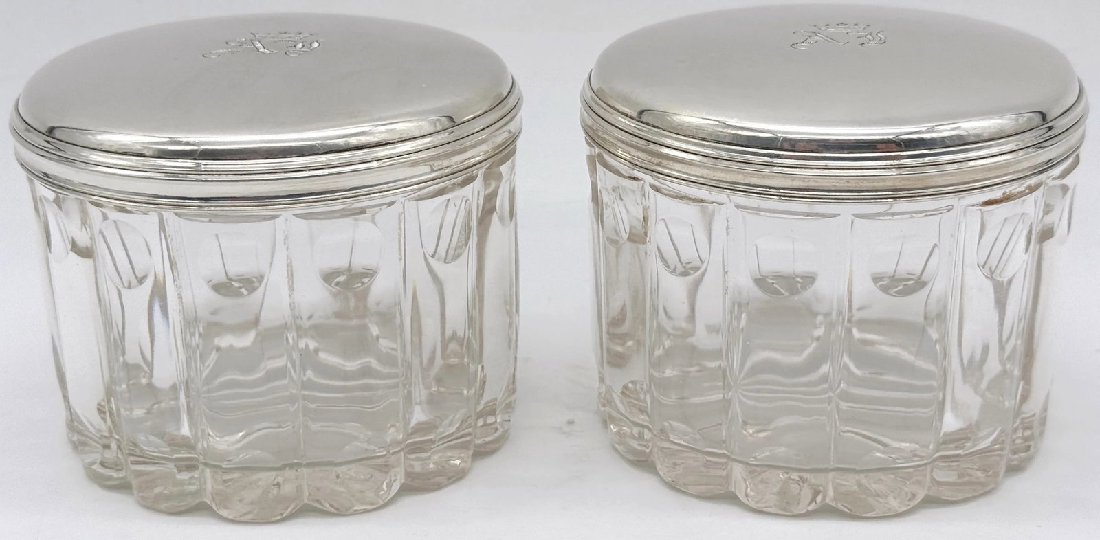 Pair French 'Royal' Silver Armorial Cut Glass Bamboo Motif Dresser Jars - 7