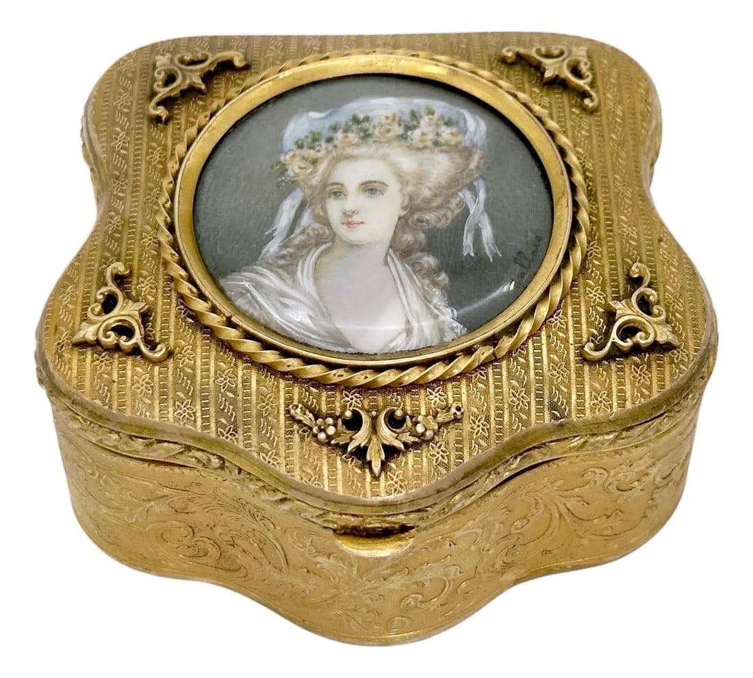 French Ormolu Cartouche Box With Miniature Portrait of Princess De Lamballe, Signed, Paris, Circa 19: French Ormolu Cartouche Box with Miniature Portrait of Princess de Lamballe, Signed, Paris, circa 1900 This refined French ormolu cartouche-shaped box dates to the Belle Époque, circa 1900, and r