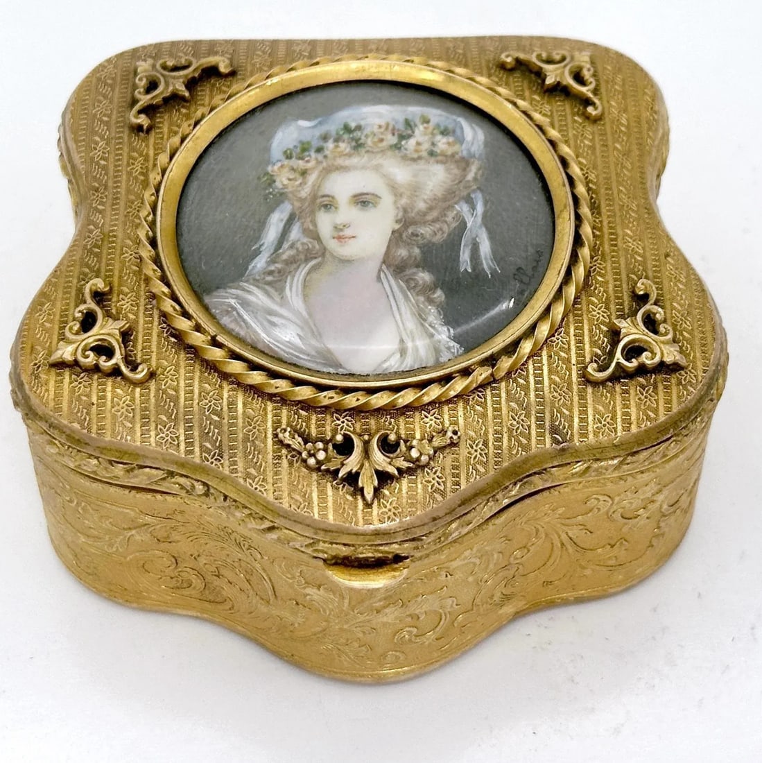 French Ormolu Cartouche Box With Miniature Portrait of Princess De Lamballe, Signed, Paris, Circa 19 - 2