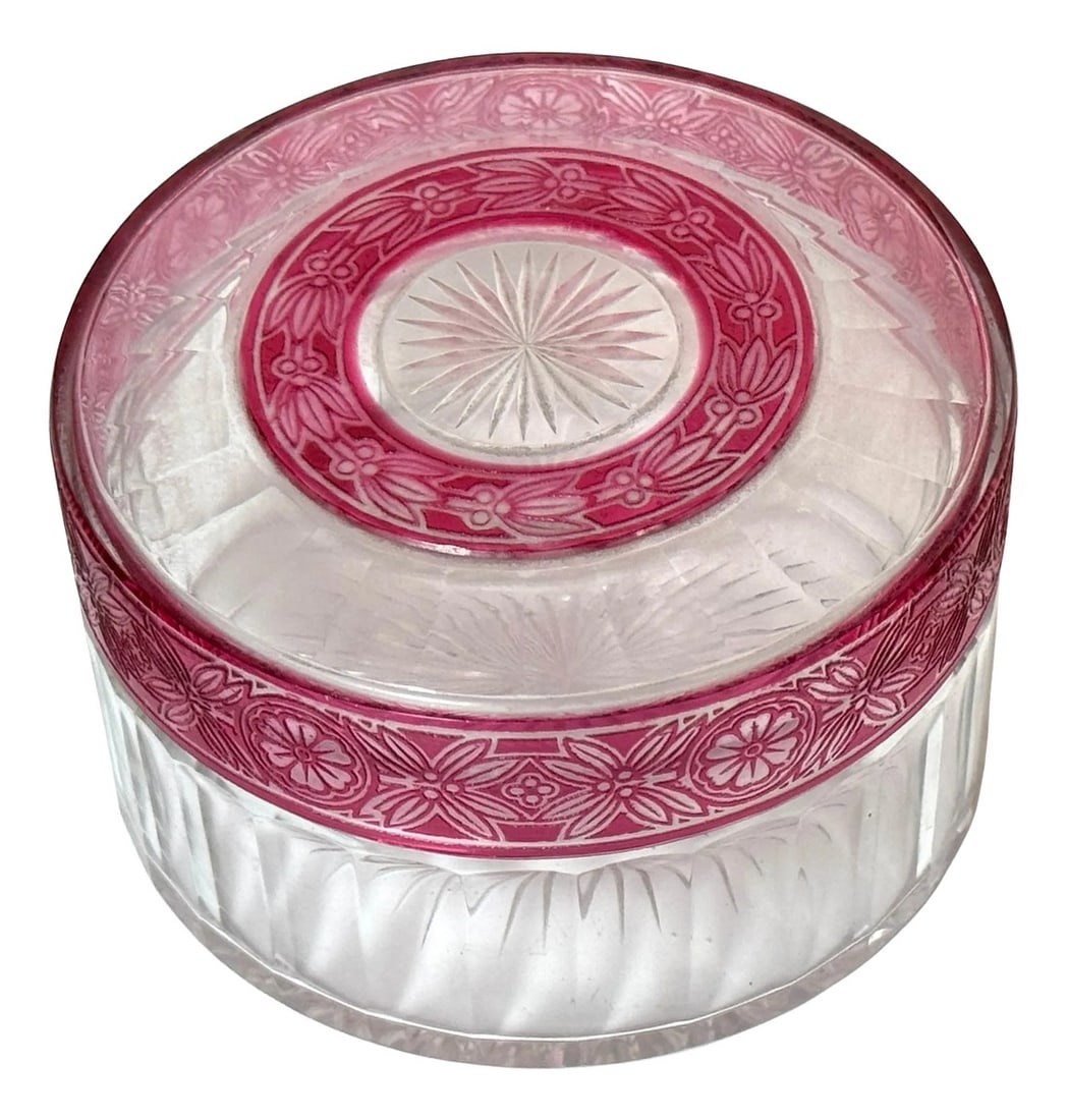 Val Saint Lambert (Atrib.) Red Floral Cut-to-Clear Crystal Table Box (1 of 5)