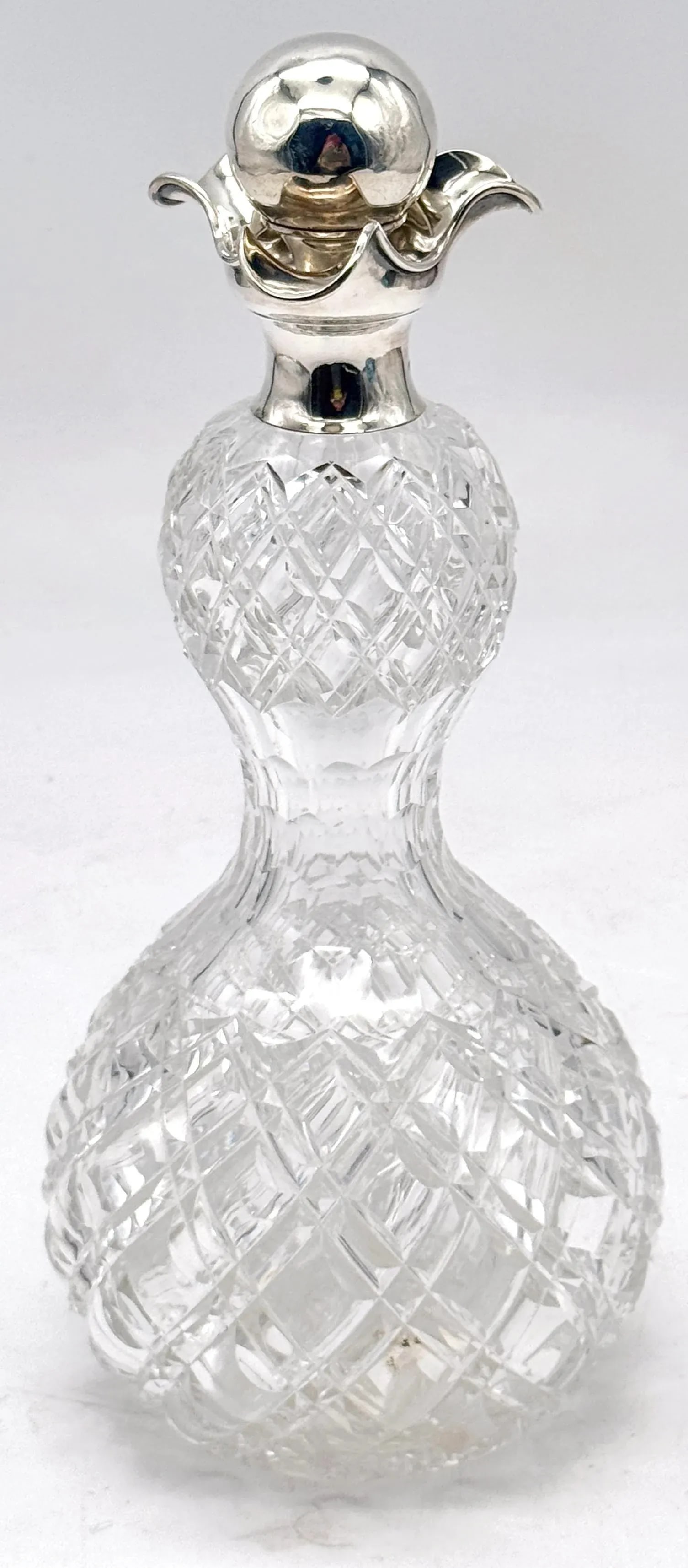 English Sterling Silver & Cut Crystal Pinch Neck Decanter, London, 1906 - 2