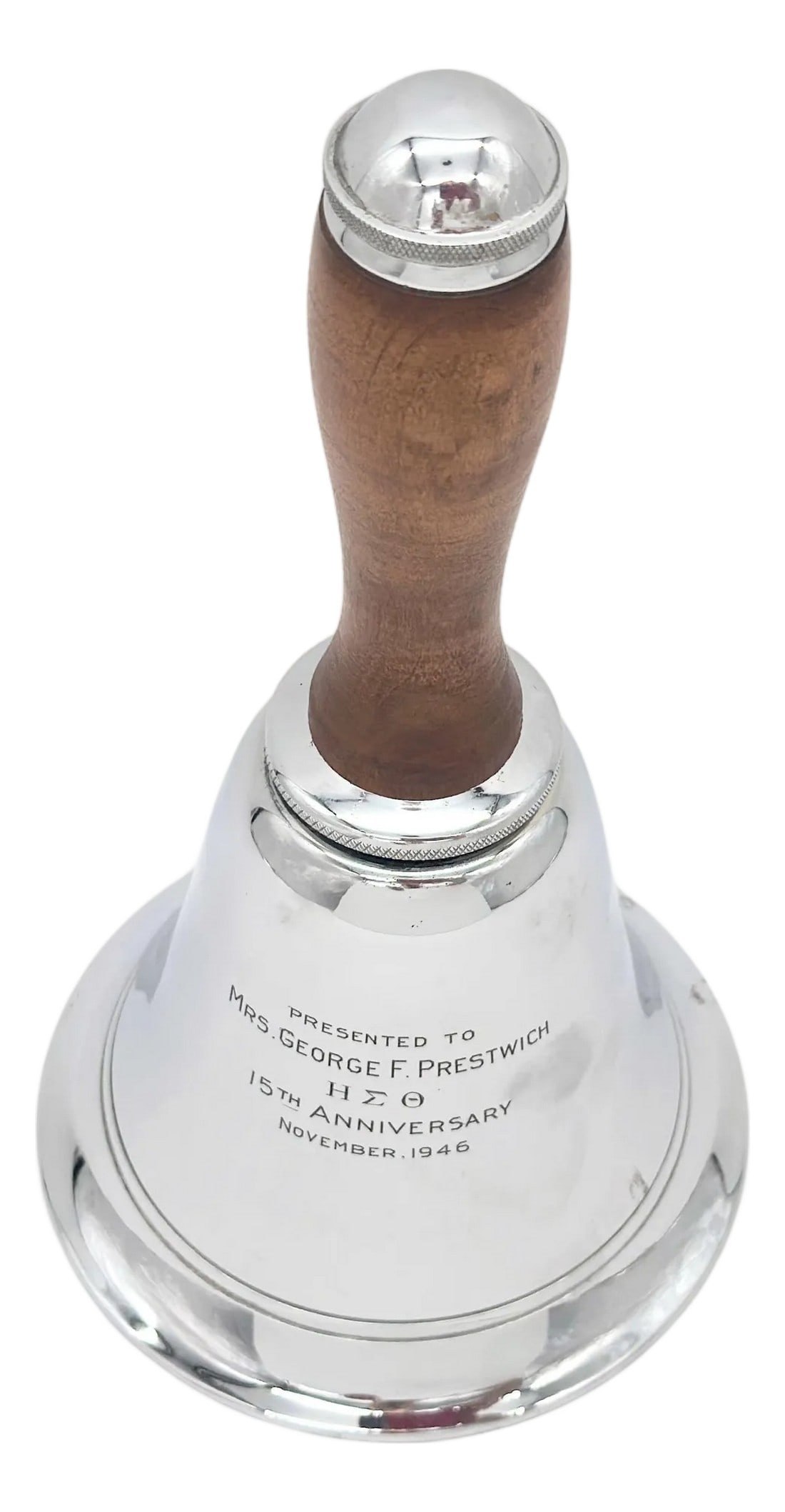 Art Deco "šÃ„ÃºBell of the Ball"šÃ„Ã¹ Chrome &: Art Deco "Bell of the Ball" Chrome & Wood Bell Cocktail Shaker"”15th Anniversary Presentation, 1946 Dimensions: 11" H x 6" Diameter; Handle Height: 6" This delightful mid-century cocktail shaker