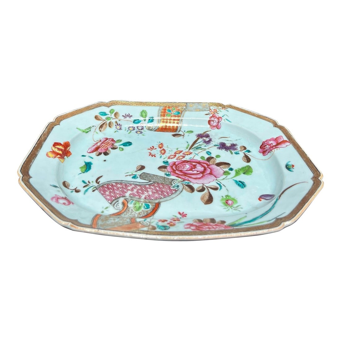18th Century Chinese Export Famille Rose Hand Painted Porcelain Platter: Delicately painted with blooming roses, fruit, and brocade panels. Accents of gilt highlights and scattered flower sprays. Condition: Alterations: Original Condition Unaltered Imperfections: Some Impe