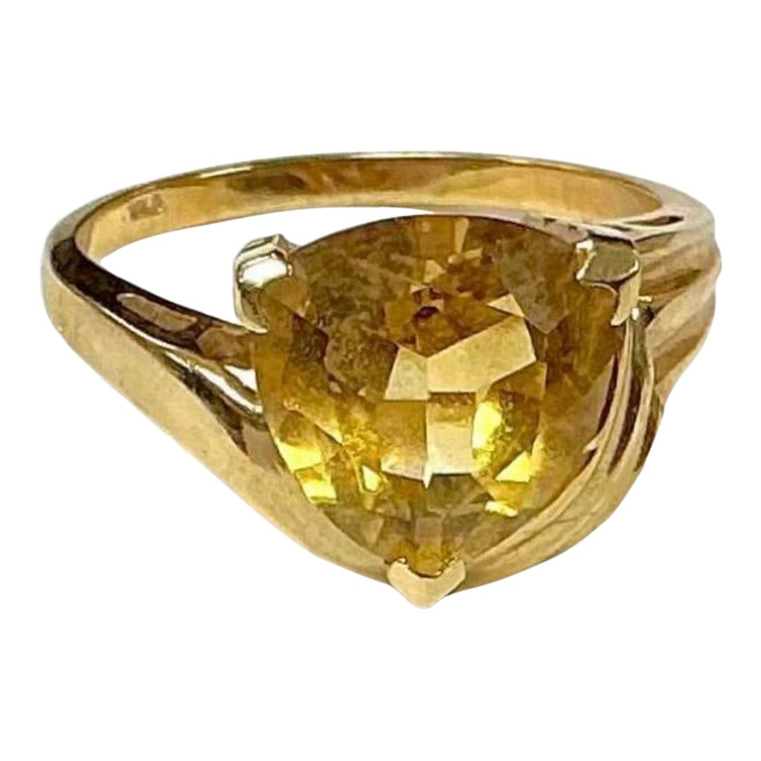 Three Carat Trillion Cut Citrine 10k Yellow Gold Ring: 10k yellow gold Citrine ring. The dimensions are approximately 9.5 mm. Approximately 3 carats. Marked 10k. Approximate size 6.5. Condition: Alterations: Original Condition Unaltered Imperfections: