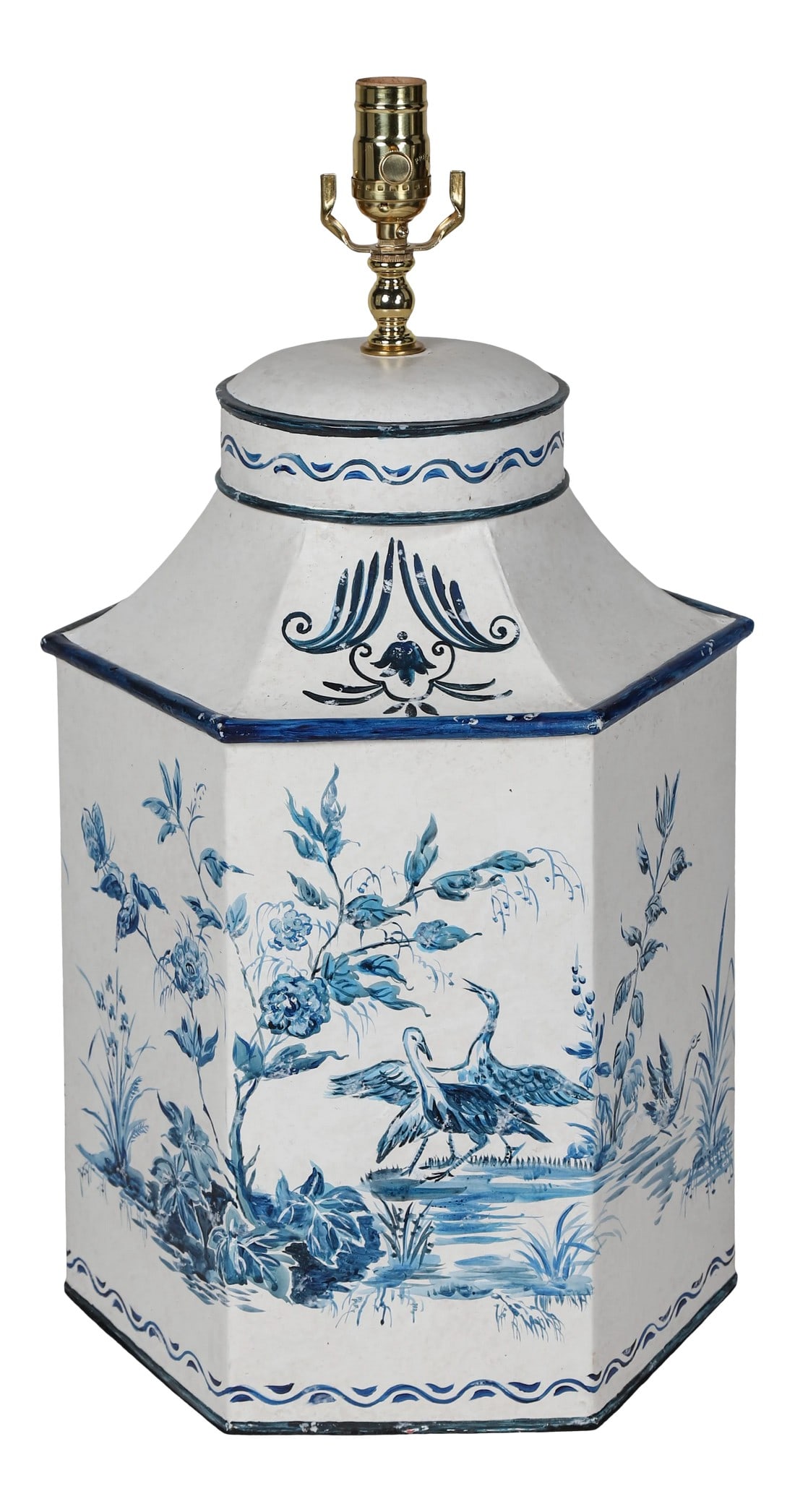 Vintage Hand-Painted British Export French Chinoiserie Tea Caddy Table Lamp in Blue & White: Vintage Hand-painted Blue/White French Chinoiserie on British export Tea Caddy Table Lamp Condition: Imperfections: Some Imperfections Condition Notes: In good condition with some minor imperfections 