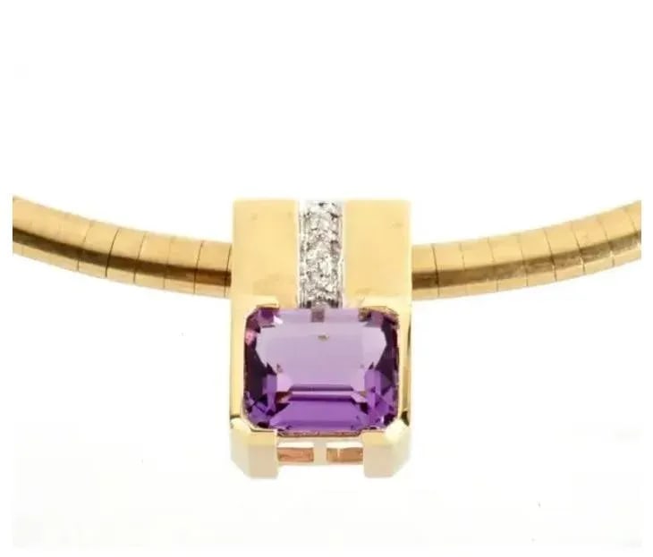 14k Gold, Amethyst, and Diamonds Omega Necklace 21 Grams - 2