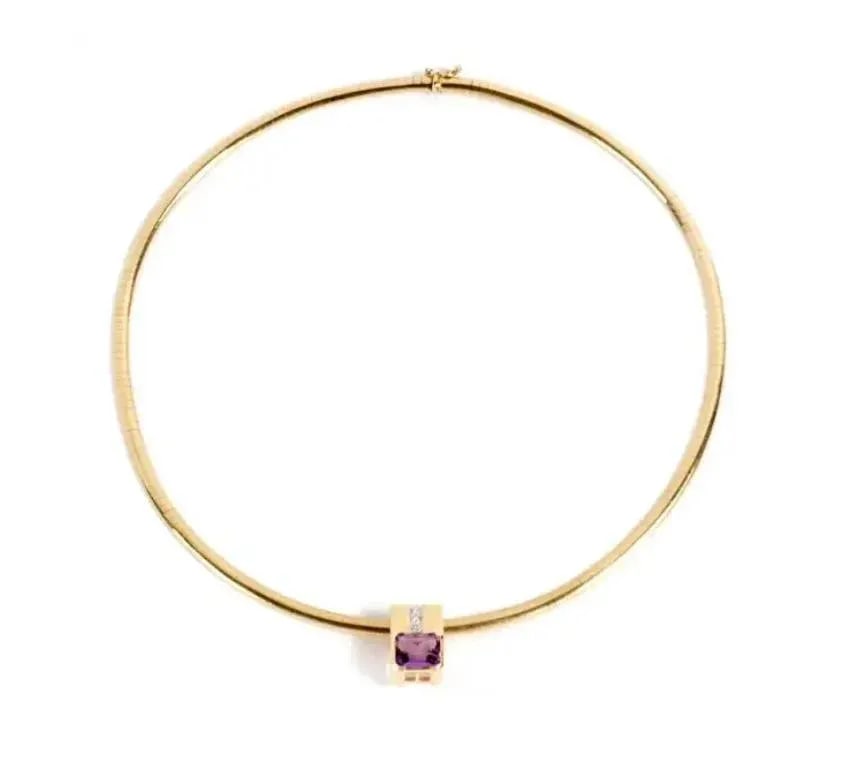 14k Gold, Amethyst, and Diamonds Omega Necklace 21 Grams - 9