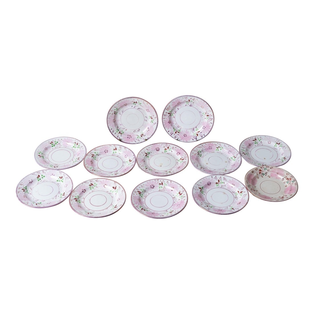 Bailey & Harvey Staffordshire Pink Lustre Saucers - Set of 12: Set of twelve Bailey & Harvey Staffordshire pink lustre saucers, circa 1830. 7 Â¾ inches wide by Â¾ inches tall Condition: Alterations: Original Condition Unaltered Imperfections: 