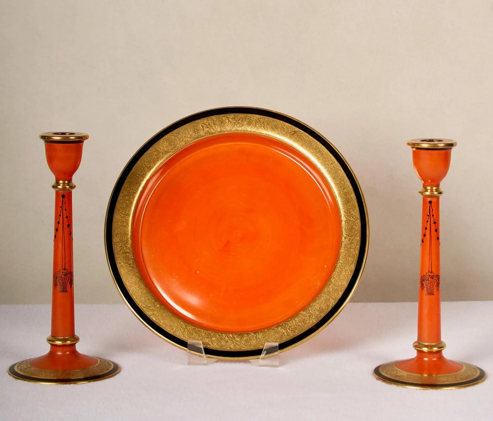 1940s Glass Charger and Matching Candlesticks With 24k Gold Details - 3 Piece Set - 13