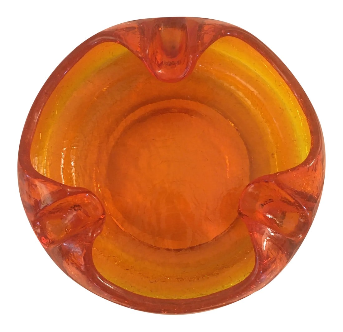 1960s Viking Glass Company Ashtray: Cool mid-century modern amberline crackle glass ashtray for that vintage look made by the Viking glass company Condition: Alterations: Original Condition Unaltered Imperfections: Some Imperfections
