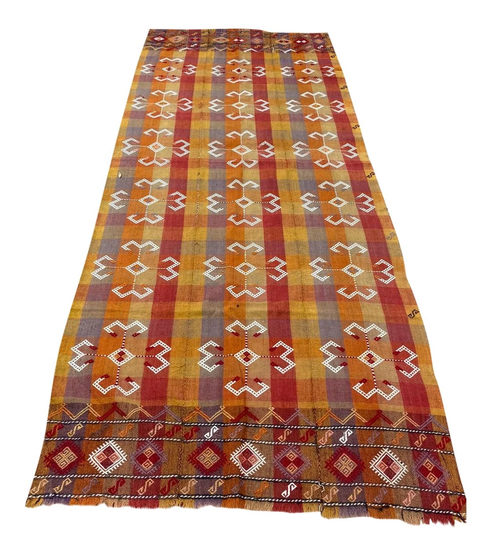 Turkish Handmade Nomadic Kilim: This is a gorgeous vintage kilim that will bring happiness to your sweet home. All rugs have been professionally cleaned; original condition is not altered, age-related wear is considered normal in