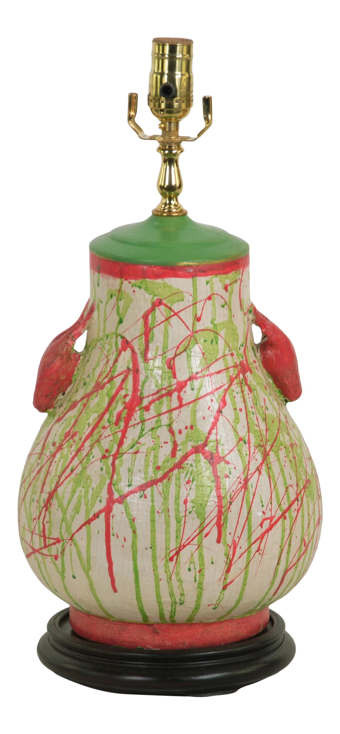 Modern Porcelain Vase Lamp: This lamp with 2 deer head ears has modern colors and design on it. Bright colors bring joy to the room. Condition: Alterations: Original Condition Unaltered Imperfections: Some Imperfections