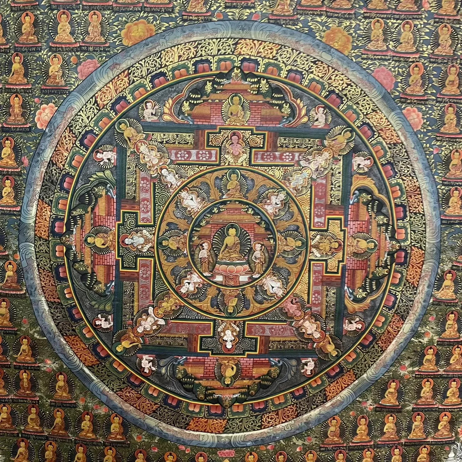 Hand-Painted Tibetan Mandala Thangka With Silk Curtain - Made in Nepal - 7