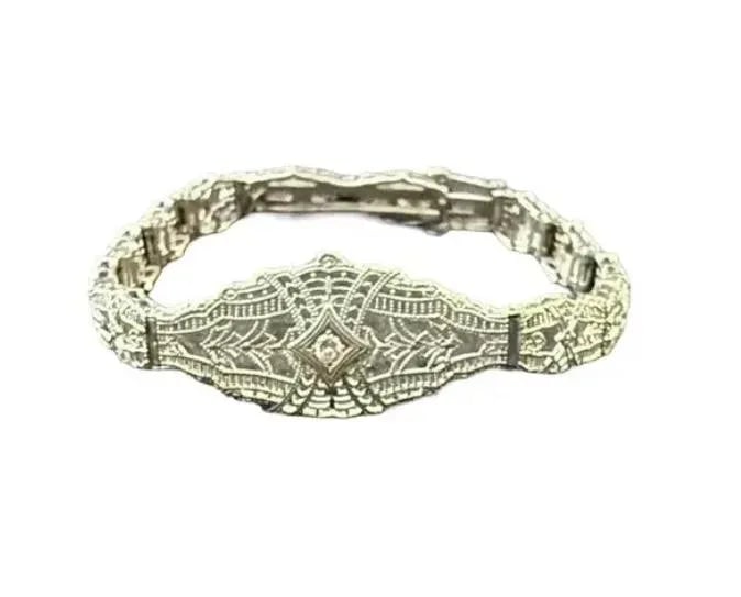 14k White Gold Filigree and Diamond Bracelet, Art Deco - 11