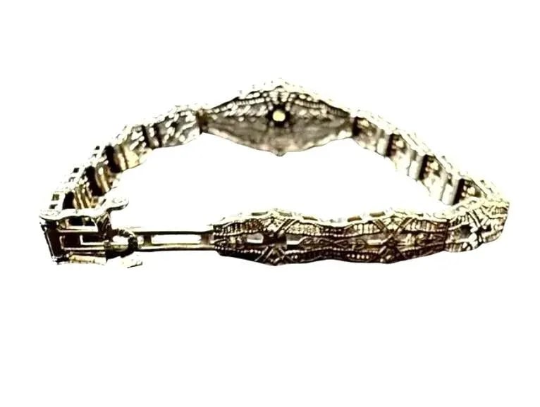 14k White Gold Filigree and Diamond Bracelet, Art Deco - 2