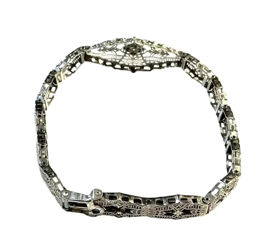 14k White Gold Filigree and Diamond Bracelet, Art Deco - 3