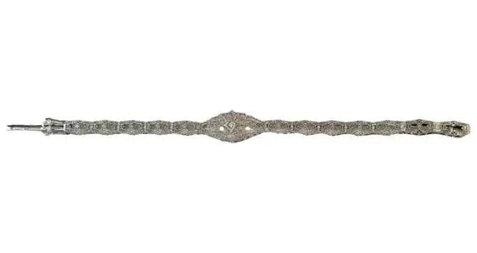 14k White Gold Filigree and Diamond Bracelet, Art Deco - 5