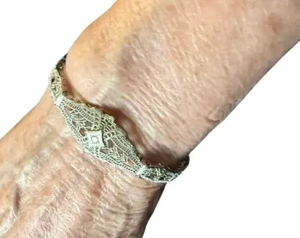 14k White Gold Filigree and Diamond Bracelet, Art Deco - 7