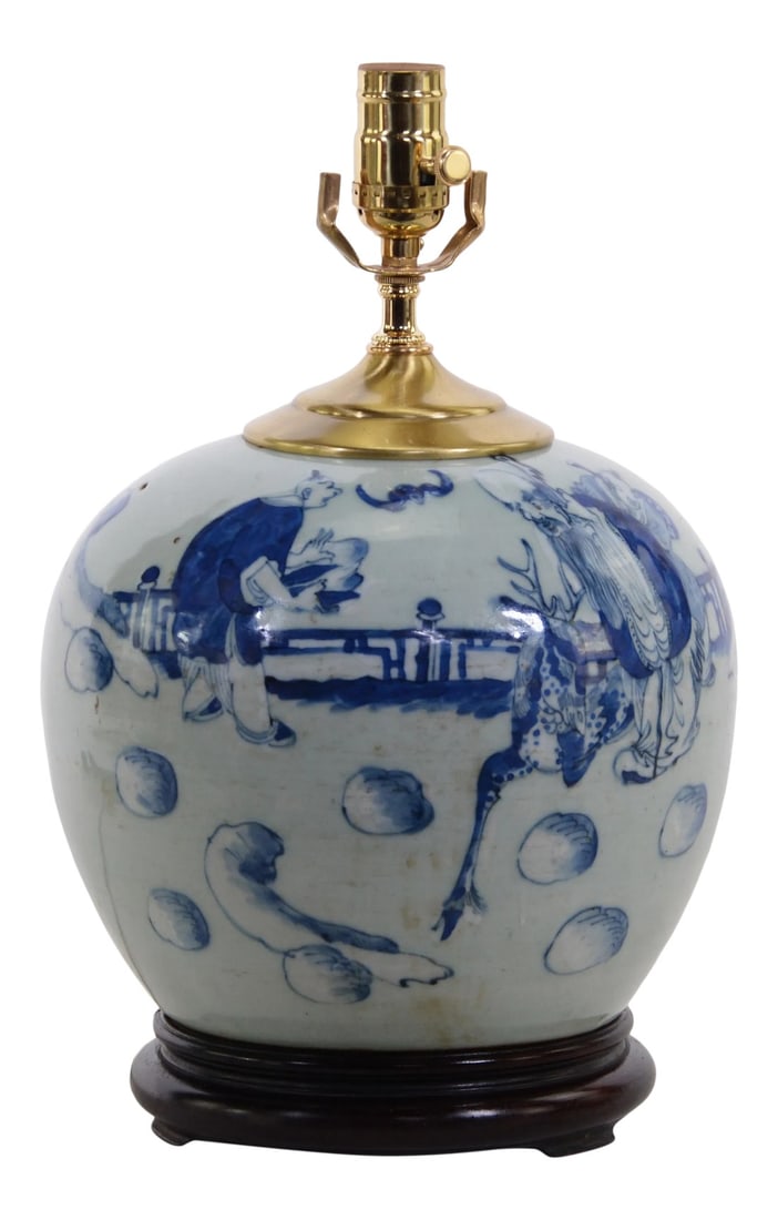 19th Century Chinese Blue and White Porcelain Vase Table Lamp: n China, the craftsmanship of celadon glaze was very mature, with soft color and thick glaze, just like lake water. Hand-painted various design. This theme is often used to decorate various