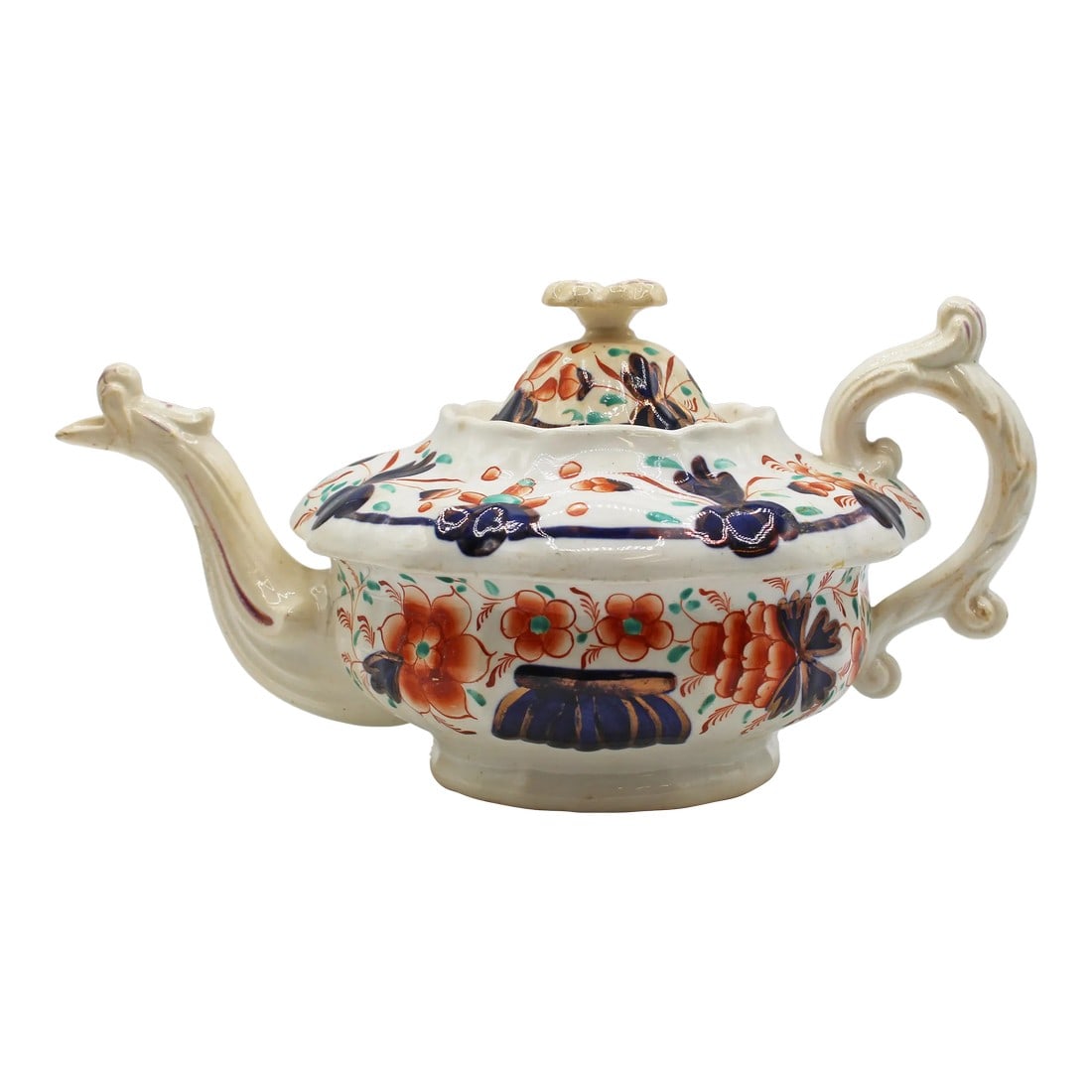 C. 1850 English Staffordshire District Gaudy Welsh "Grape" Pattern Tea Pot: Circa 1850 Gaudy Welsh "Grape" Pattern Teapot, English, Staffordshire District. Rococo revival form with original cover. Slight discoloration to lid floret knob & wear to the lustre decoration. Hairli