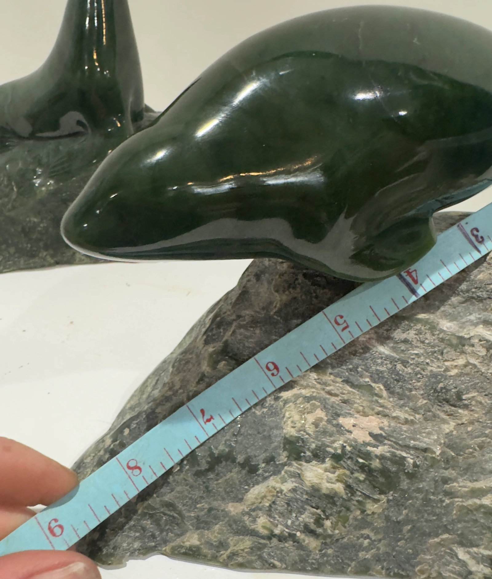 Pair 1980 Canadian Nephrite Jade Marine Sculptures, Signed S. Sandburg - 11