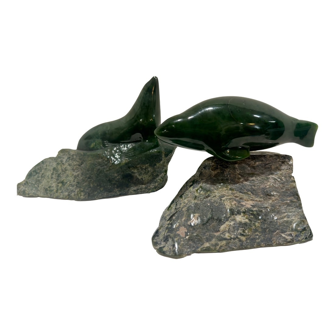 Pair 1980 Canadian Nephrite Jade Marine Sculptures, Signed S. Sandburg: Artist & Date"ƒSigned S. Sandburg, dated '80, edition #42 Medium"ƒHand-carved British Columbia nephrite jade (rich "spinach" green) mounted on natural jade boulder bases Subjects"ƒOne