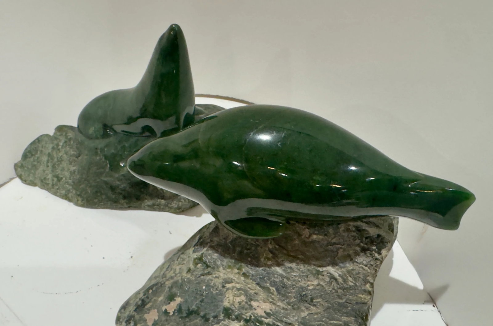 Pair 1980 Canadian Nephrite Jade Marine Sculptures, Signed S. Sandburg - 2