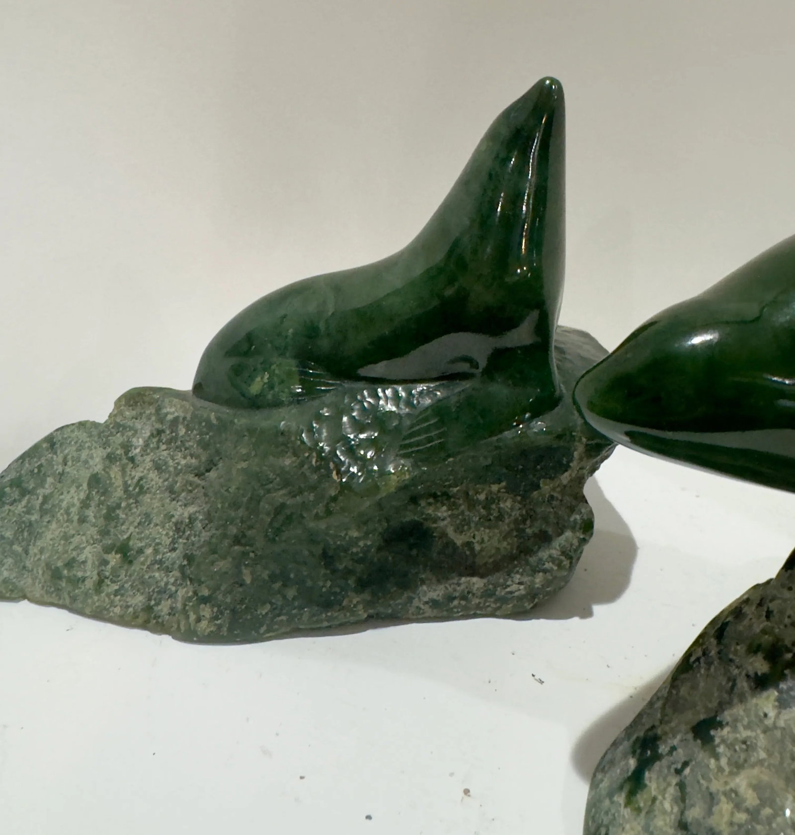 Pair 1980 Canadian Nephrite Jade Marine Sculptures, Signed S. Sandburg - 3