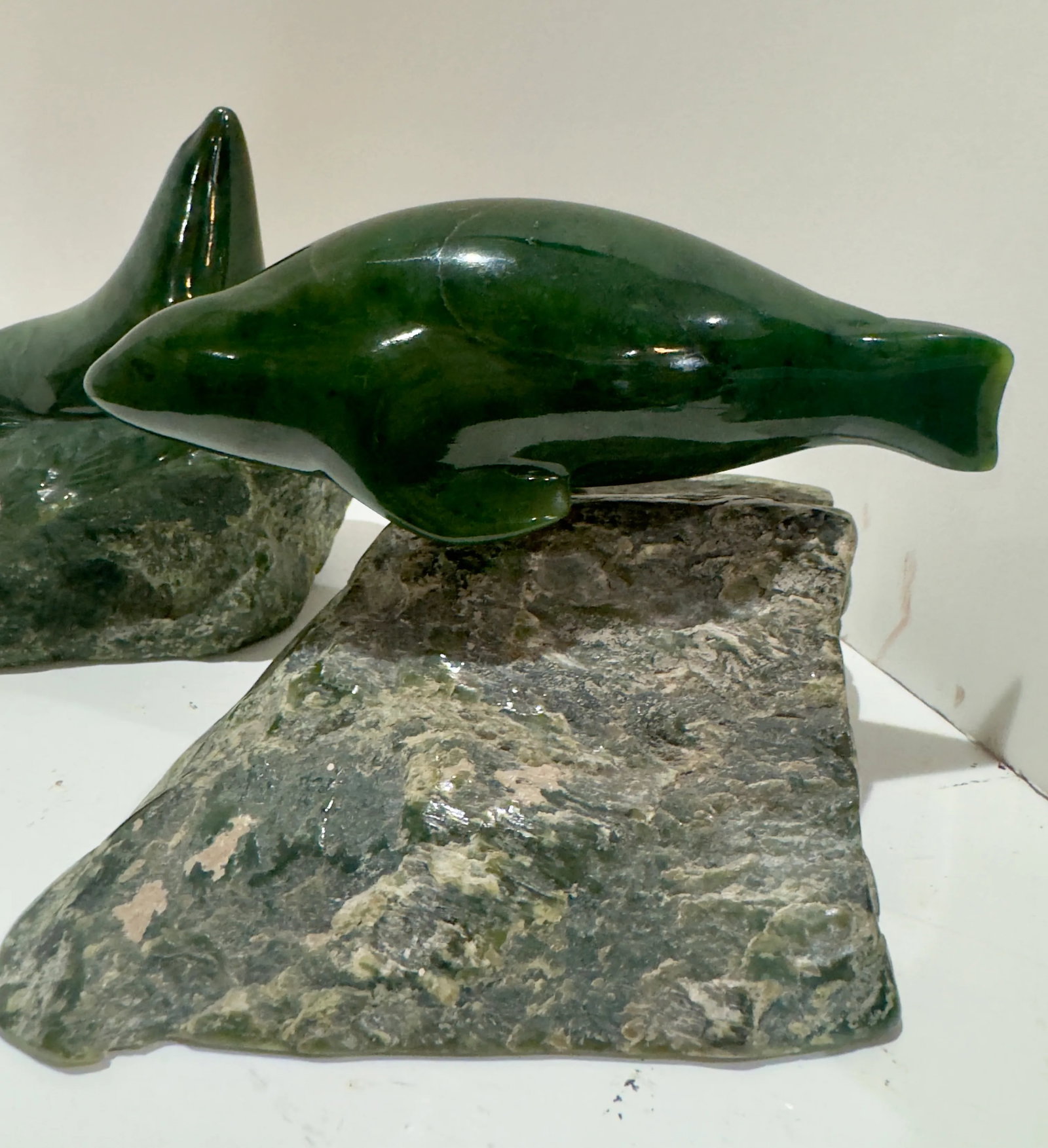 Pair 1980 Canadian Nephrite Jade Marine Sculptures, Signed S. Sandburg - 4