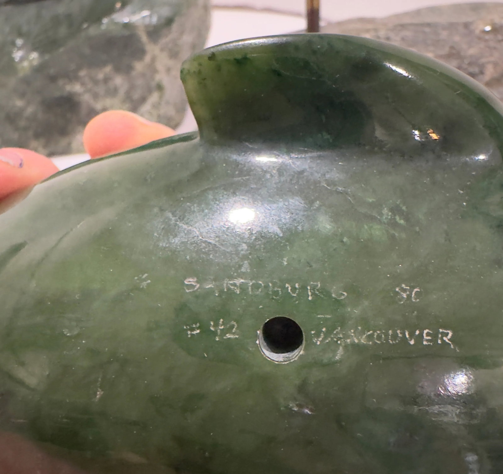 Pair 1980 Canadian Nephrite Jade Marine Sculptures, Signed S. Sandburg - 6