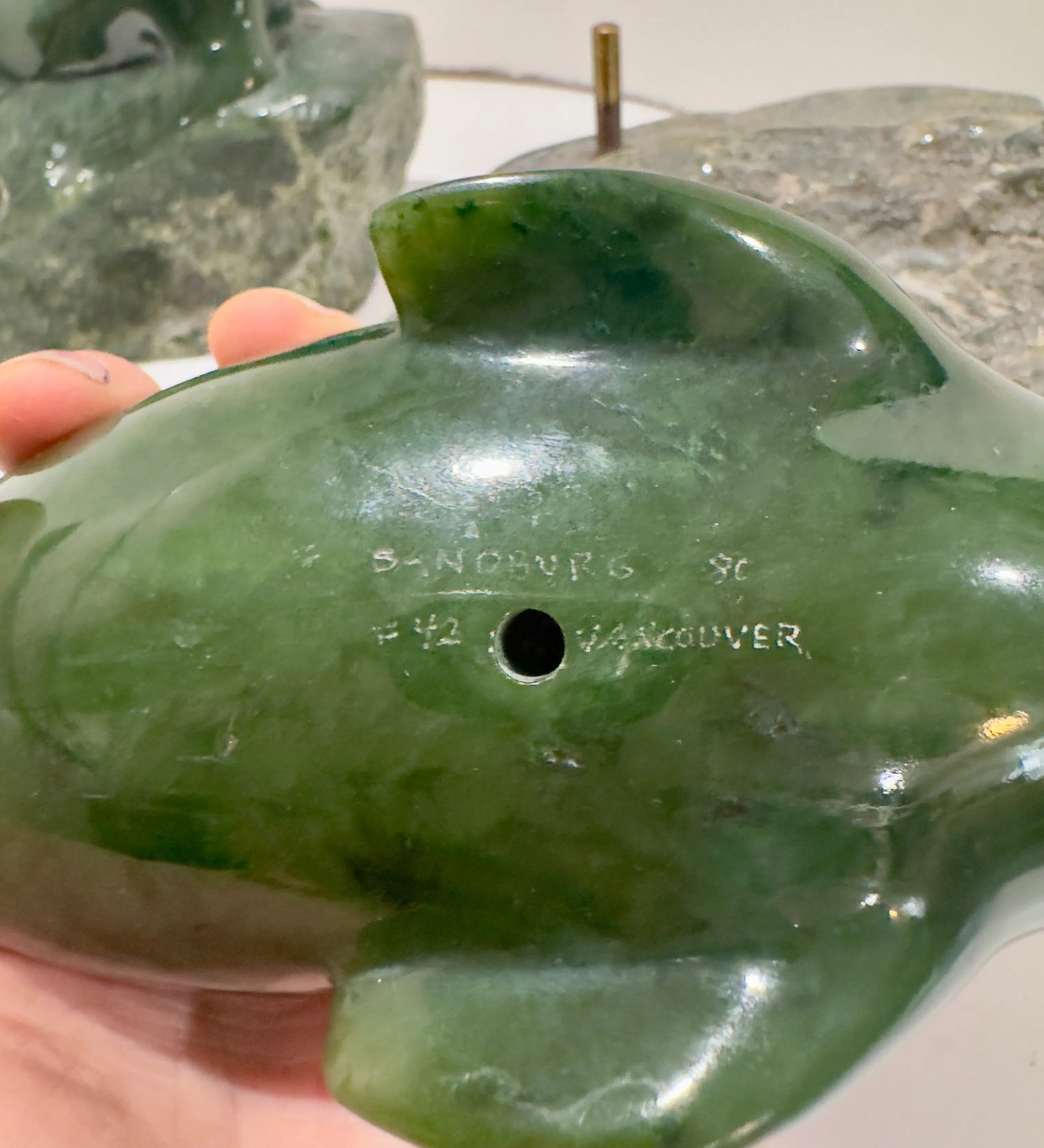 Pair 1980 Canadian Nephrite Jade Marine Sculptures, Signed S. Sandburg - 7
