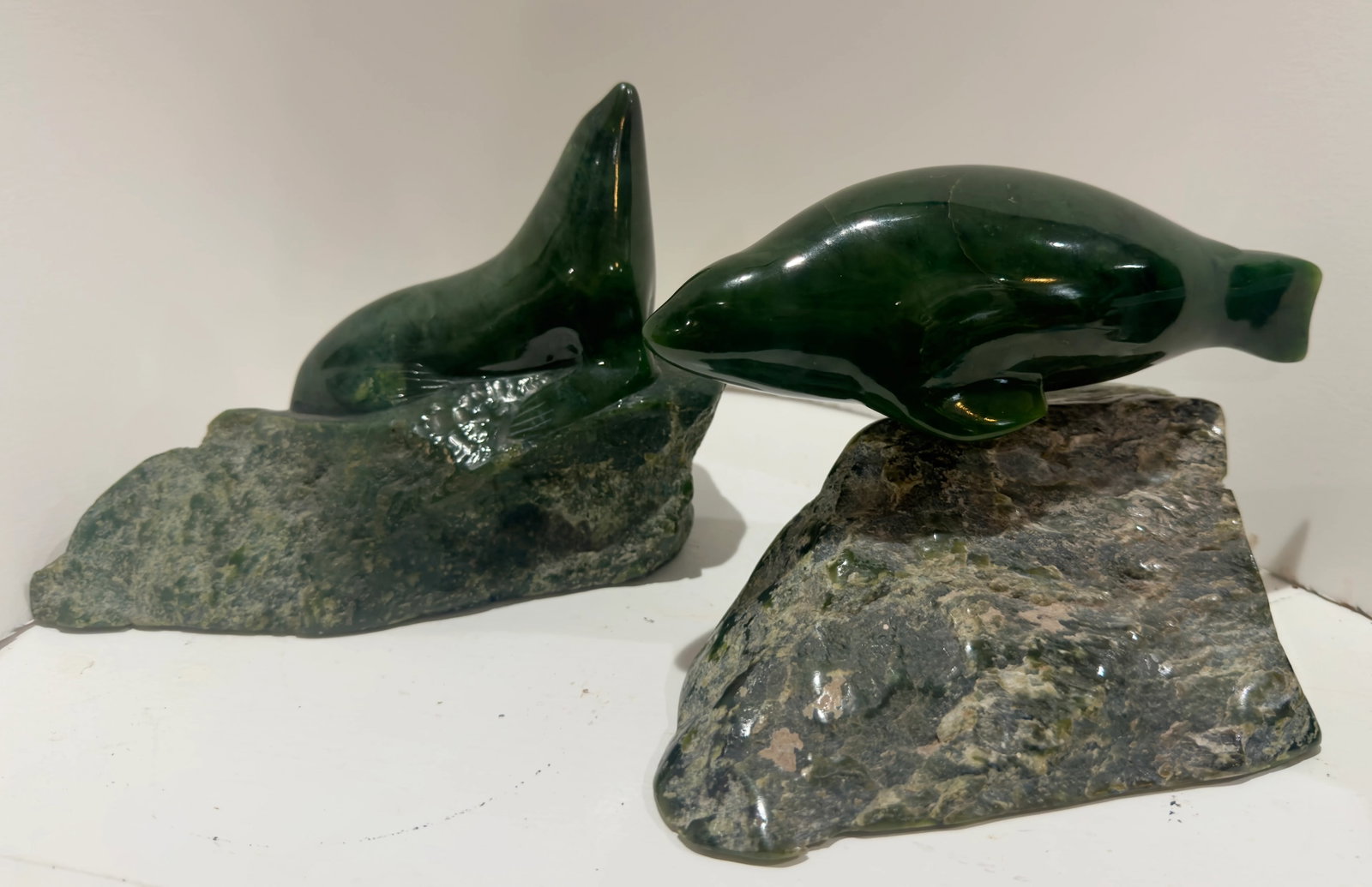 Pair 1980 Canadian Nephrite Jade Marine Sculptures, Signed S. Sandburg - 8