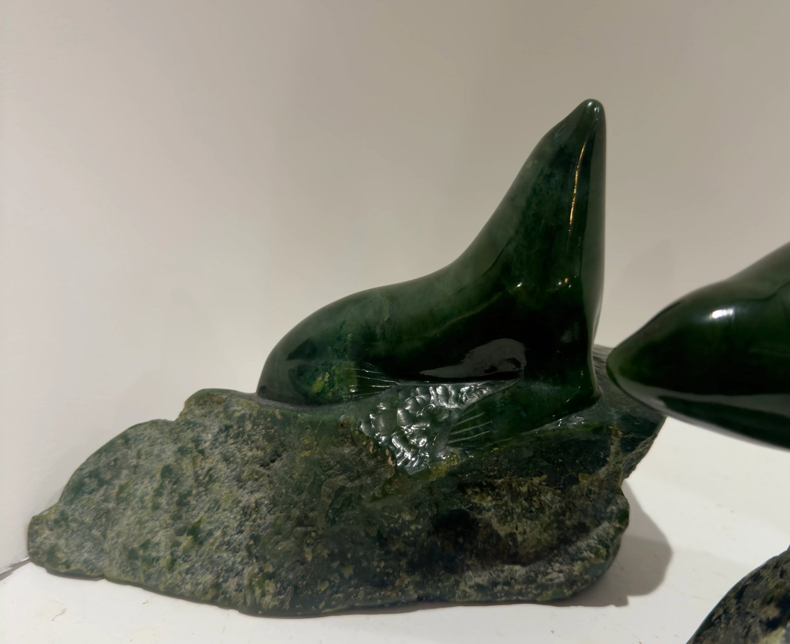 Pair 1980 Canadian Nephrite Jade Marine Sculptures, Signed S. Sandburg - 9