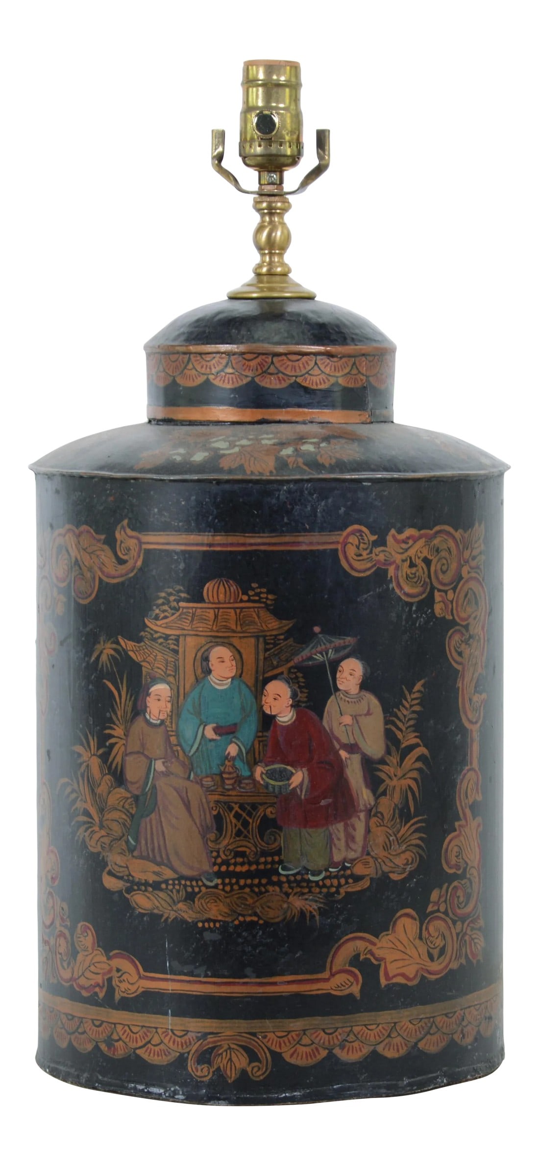 Vintage English Export Tea Caddy Hand-Painted Chinoiserie Figurines Table Lamp: Vintage English Tea Caddy, This lamp is a very typical European Chinoiserie art form from the 17th to 18th centuries. It is a work of art no matter where it is placed indoors. Each one is hand-painted