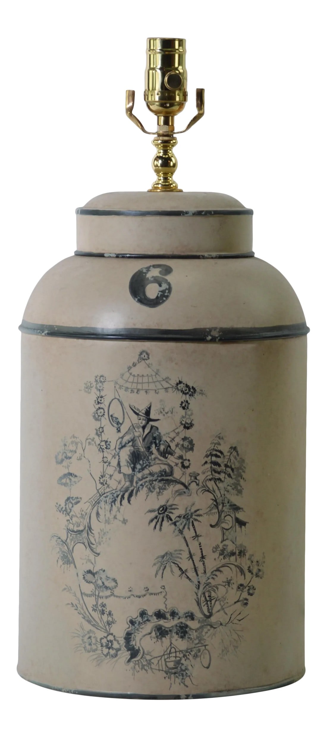 Vintage English Export Tea Caddy Hand-Painted Chinoiserie Figurines Table Lamp: Vintage English Tea Caddy, This lamp is a very typical European Chinoiserie art form from the 17th to 18th centuries. It is a work of art no matter where it is placed indoors. Each one is hand-painted