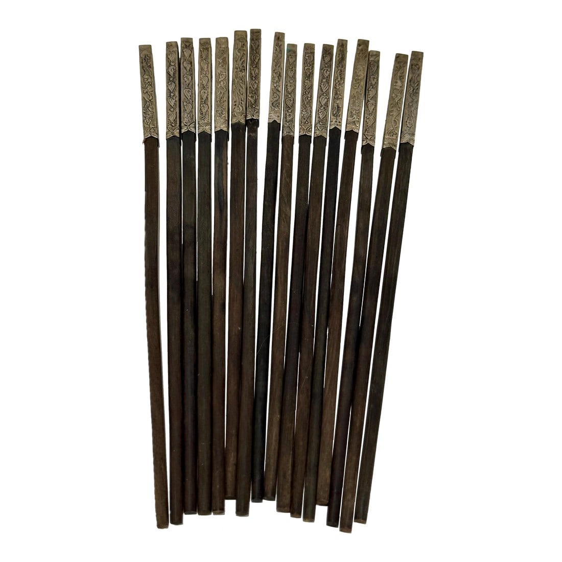 Mid 20th Century Rosewood Sterling-Silver Capped Chopsticks- Set of 16: Set of 16 Rosewood Sterling-Silver Capped Chopsticks – 10.5", Mid-Century Asian Dining Elegance Elevate your table setting with this stunning set of 16 vintage chopsticks, crafted from rich rose