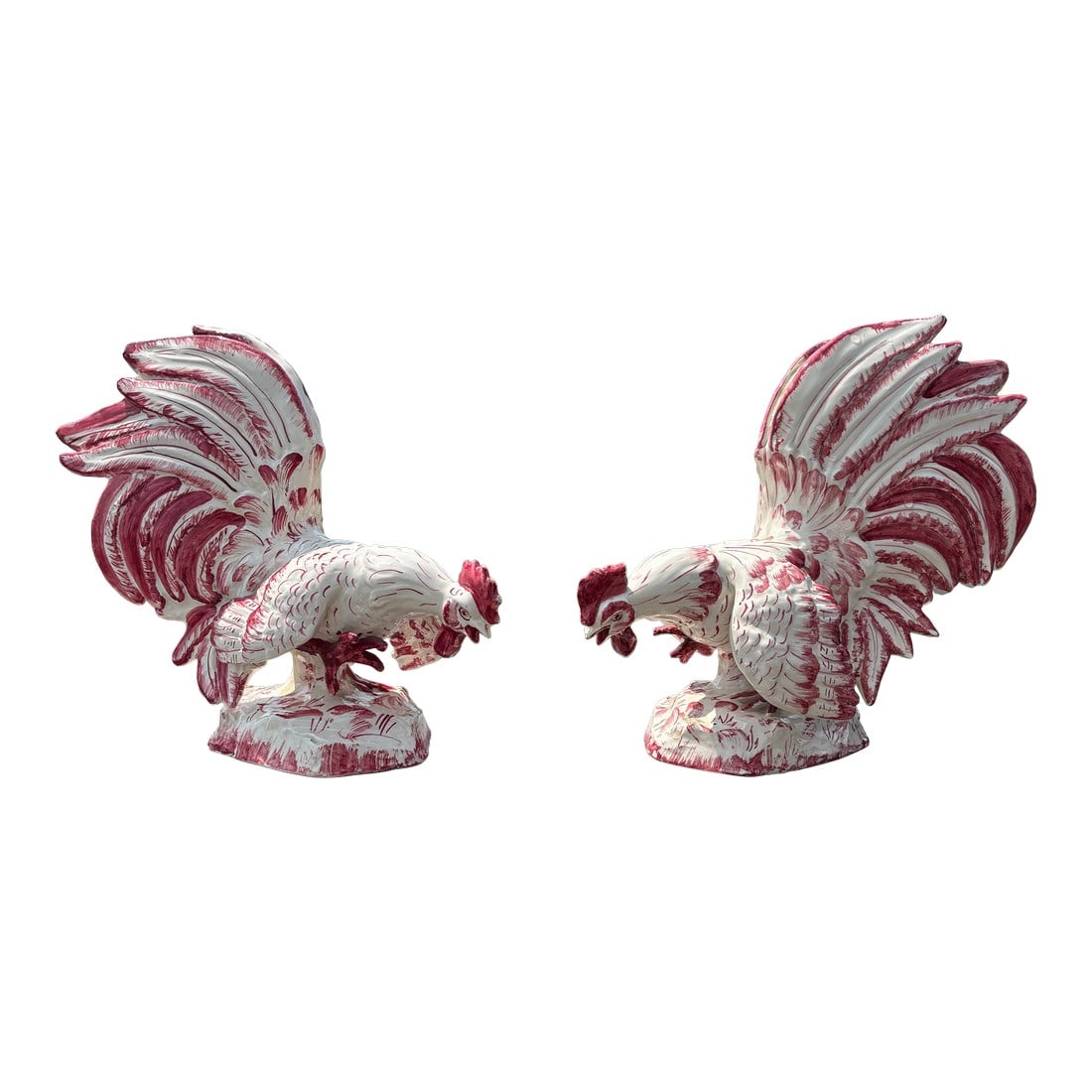 1970s Rose, and Italian - A Porcelain Pair of Roosters: A LUSTY PAIR! Large, highly detailed Roosters in porcelain rose pink on white. Marked Made in Italy 10" long by 10" tall by 5" wide. Likely 1970s/80s - in the Deruta style (Perugia - Umbria). Crisp