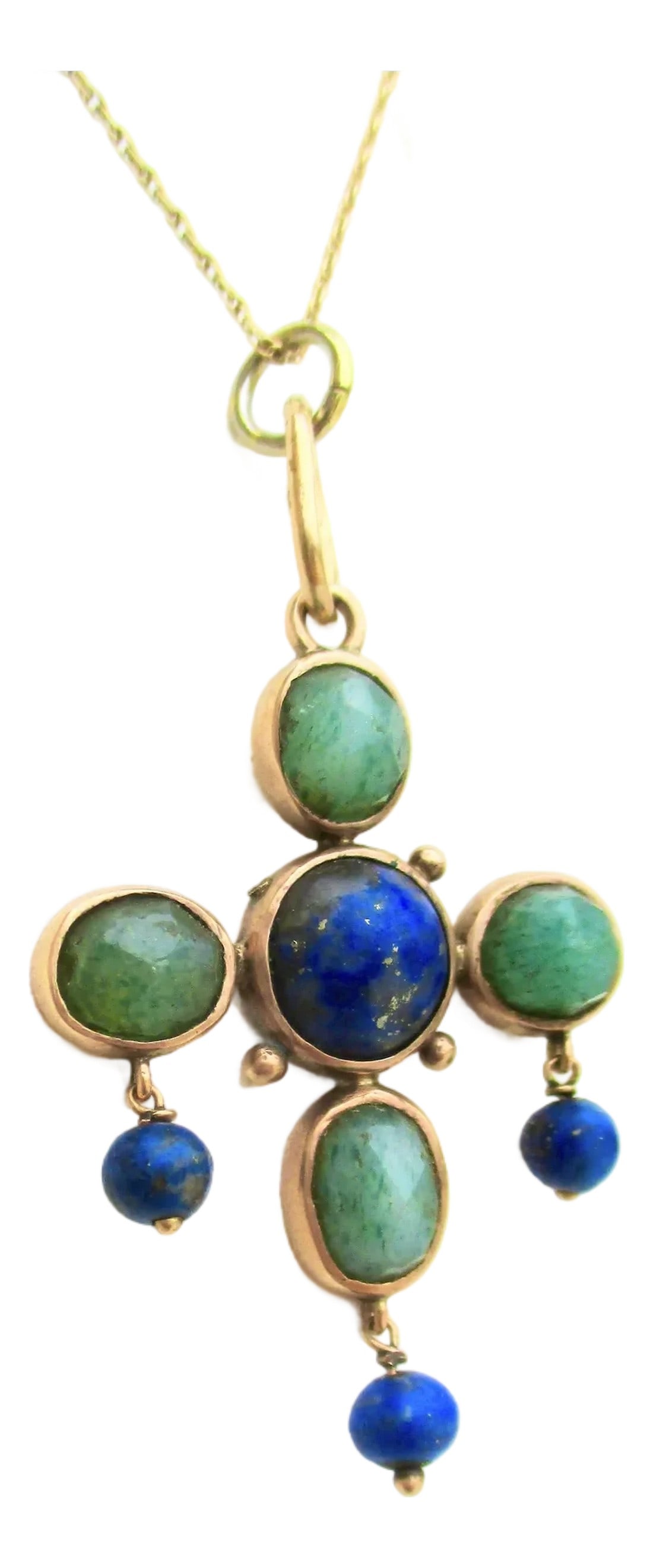 Antique 14 Kt Gold Necklace and Lapis and Agate Pendant: Antique 14 kt yellow gold pendant and thread chain. Lapis and faceted moss agate cabochon settings with drop lapis beads. Victorian pendant in cross design, circa 1900-1910. Marked 14 on the clasp.