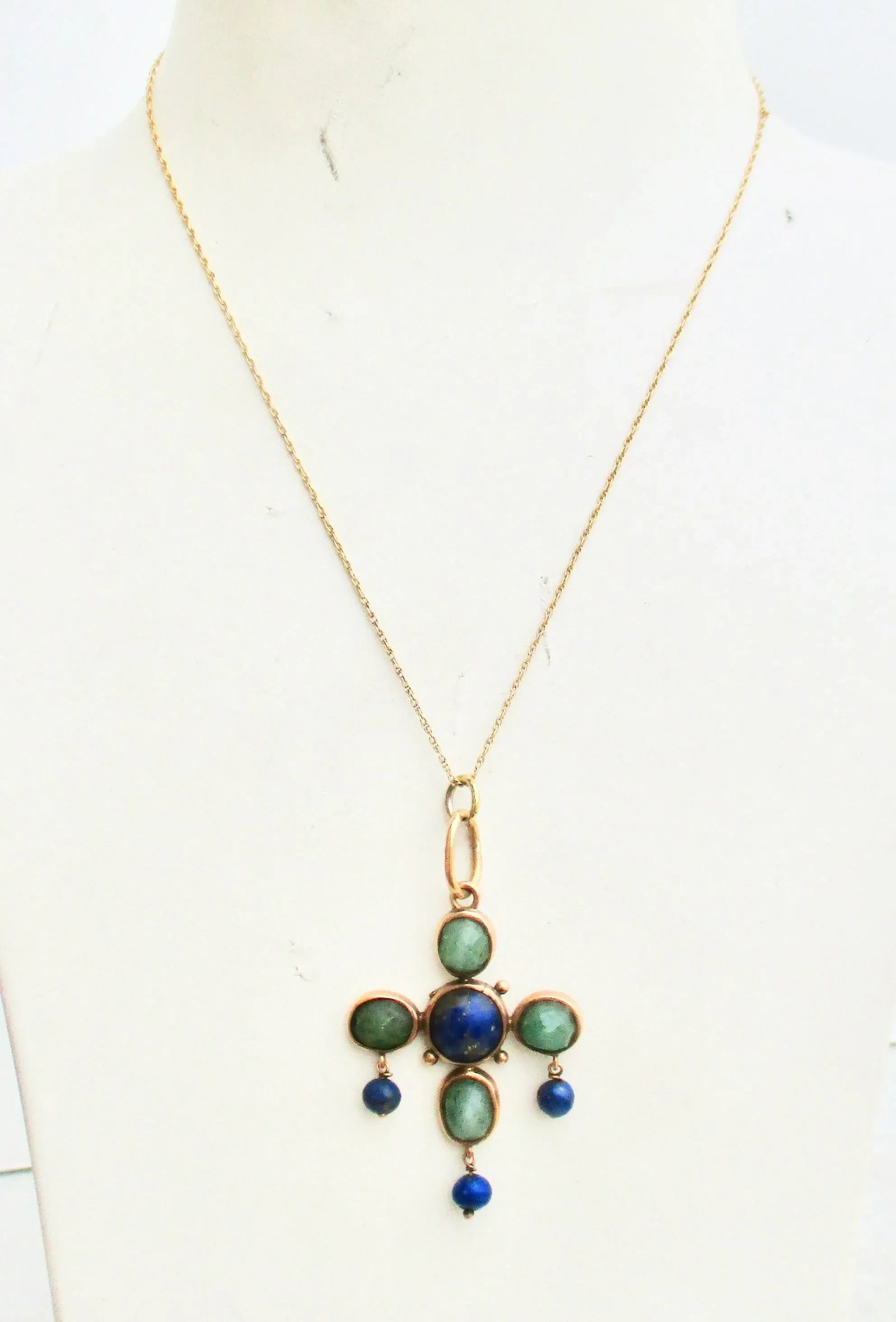 Antique 14 Kt Gold Necklace and Lapis and Agate Pendant - 2