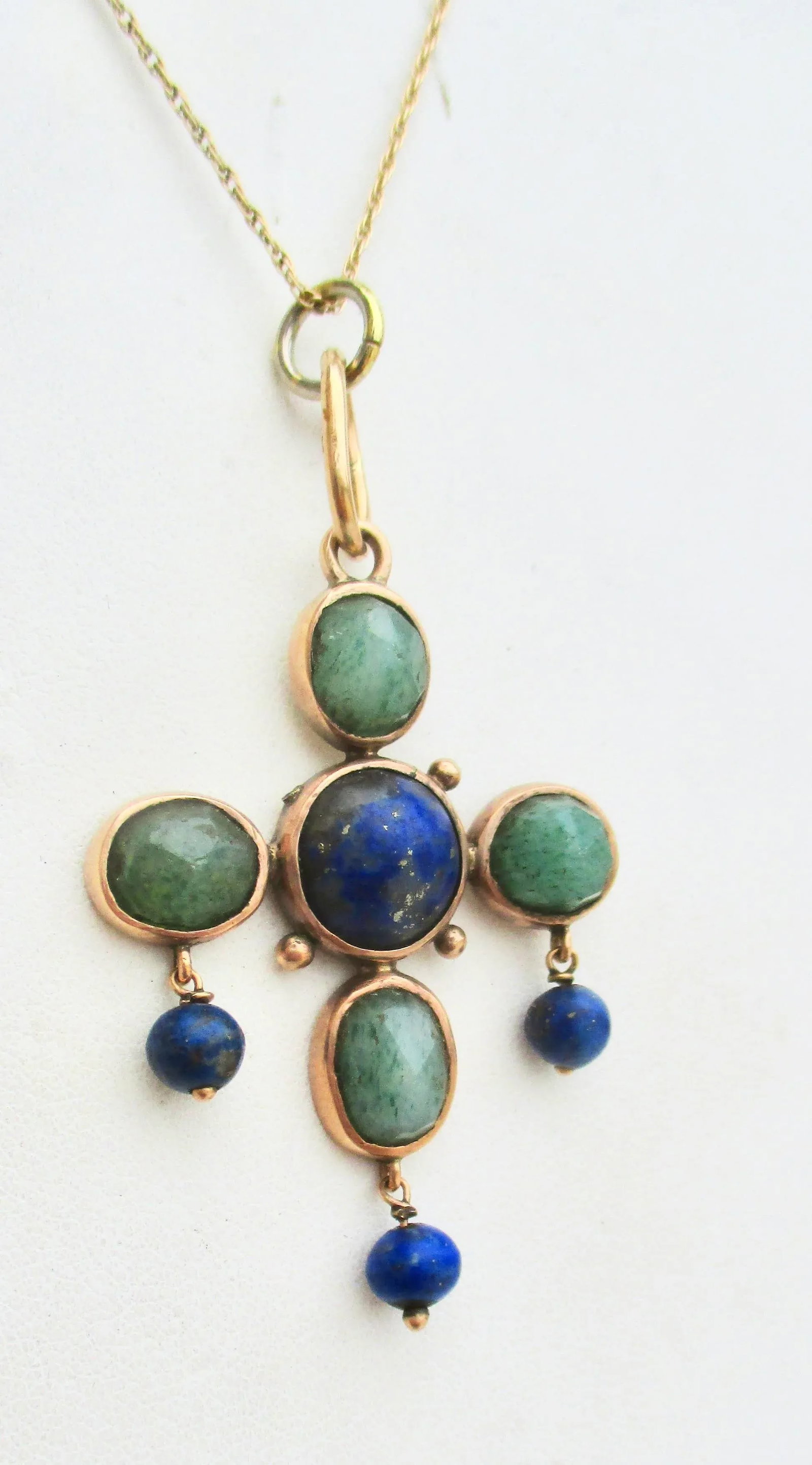 Antique 14 Kt Gold Necklace and Lapis and Agate Pendant - 3