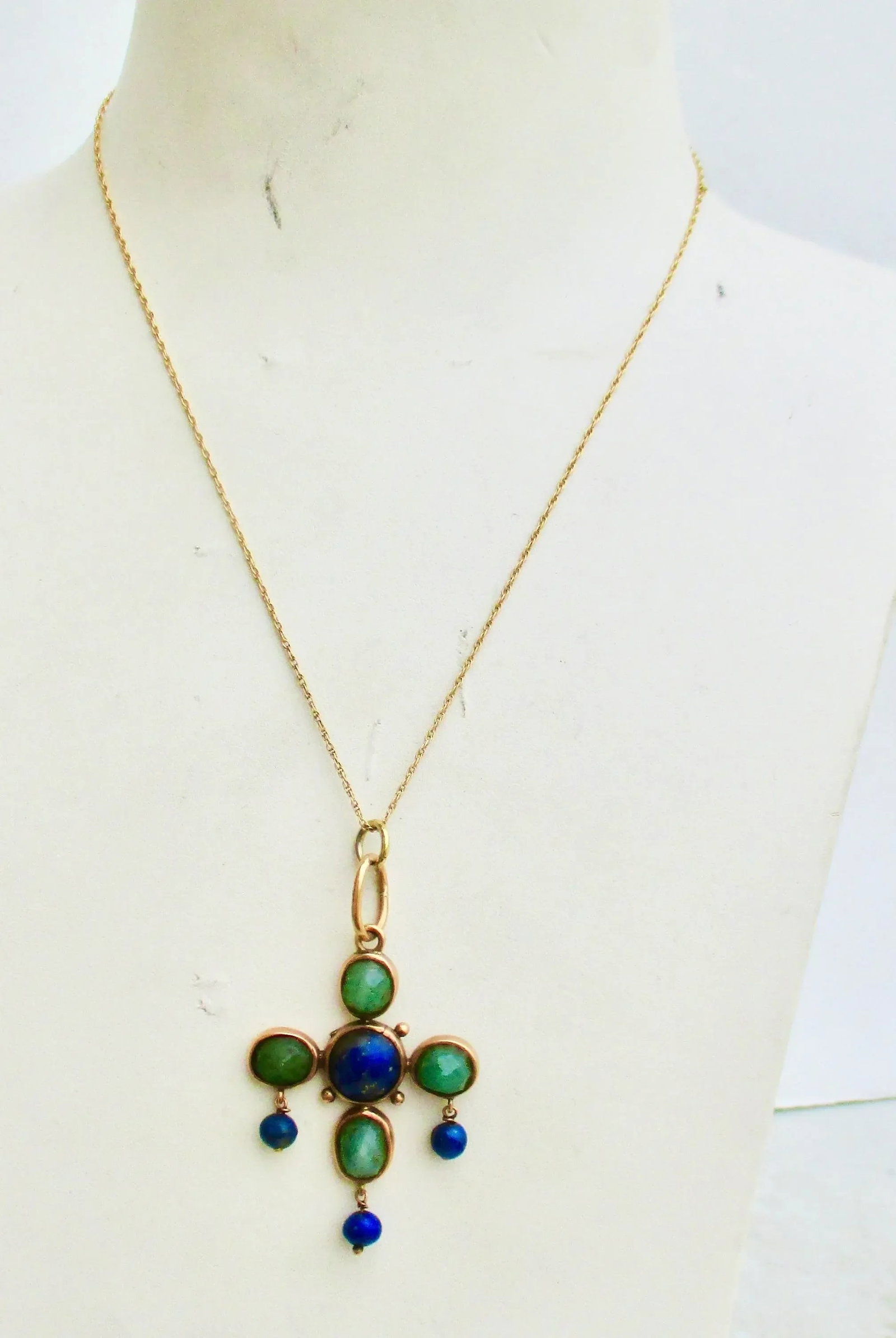 Antique 14 Kt Gold Necklace and Lapis and Agate Pendant - 4